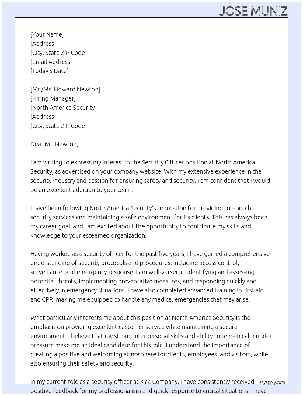 security officer At North America Security Cover Letter