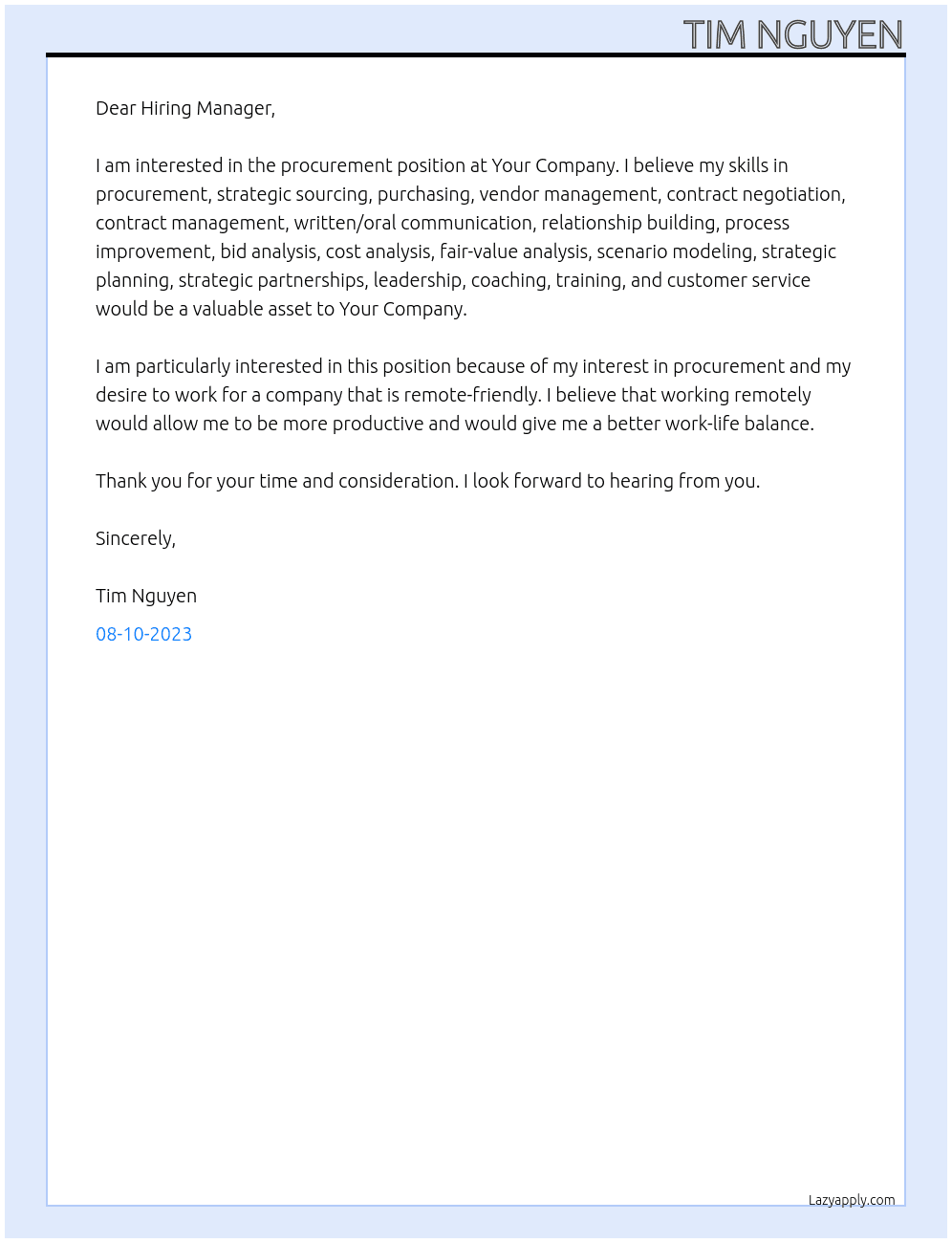 Procurement  At Your Company Cover Letter