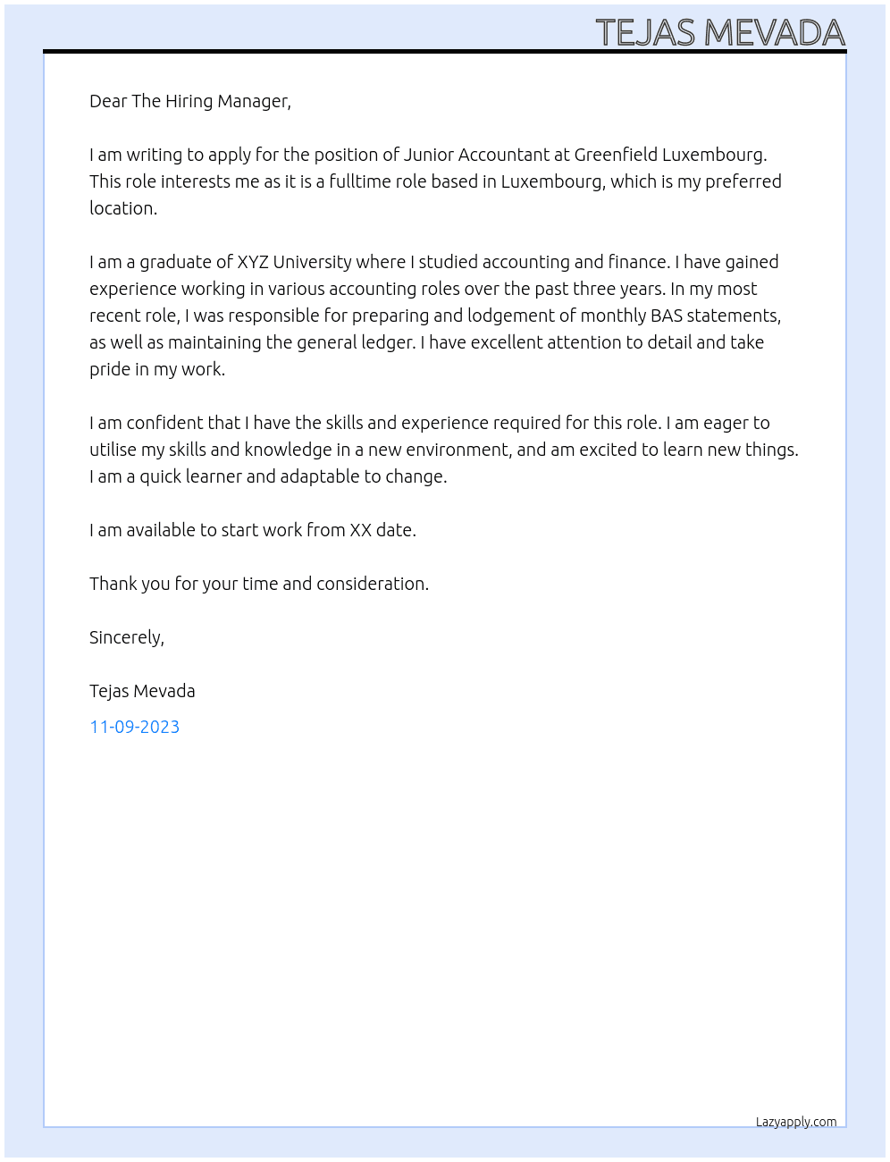 Junior Accountant At Greenfield Luxembourg Cover Letter