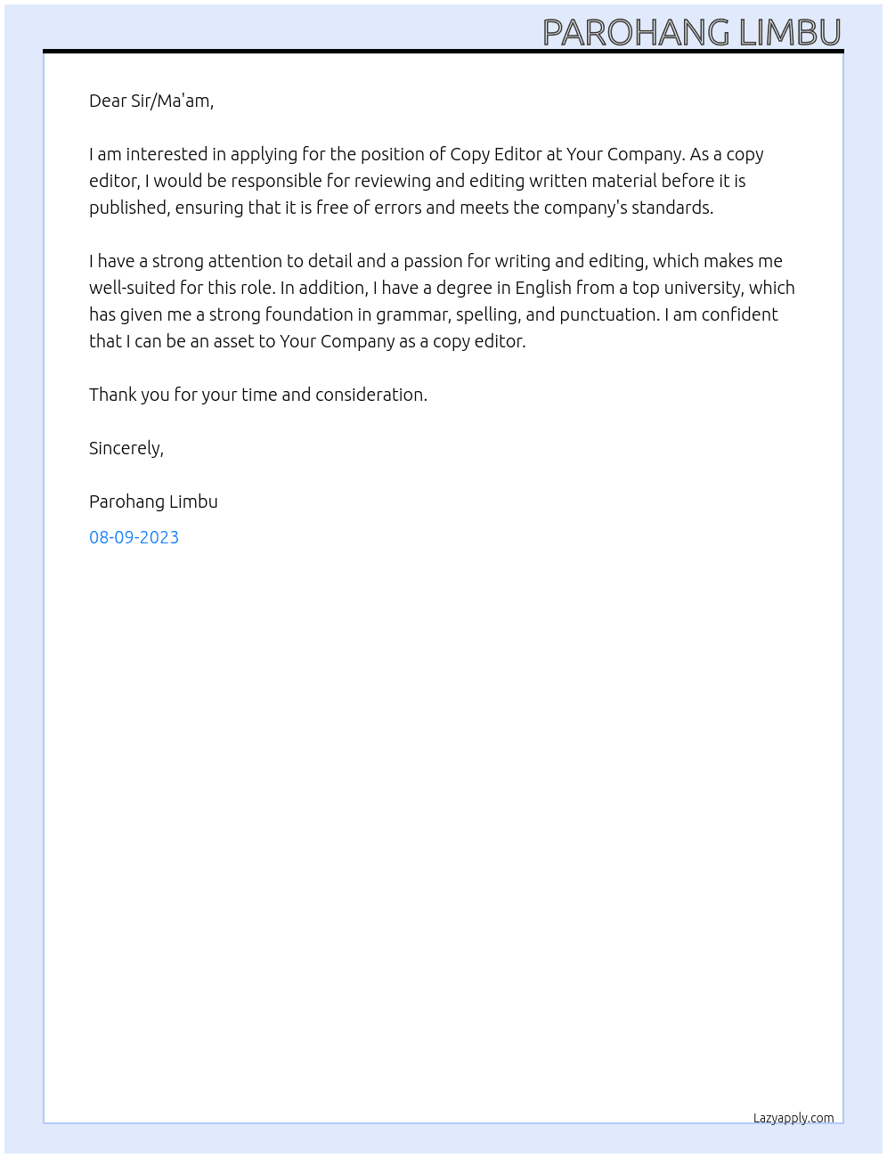 Copy Editor At Your Compamy Cover Letter