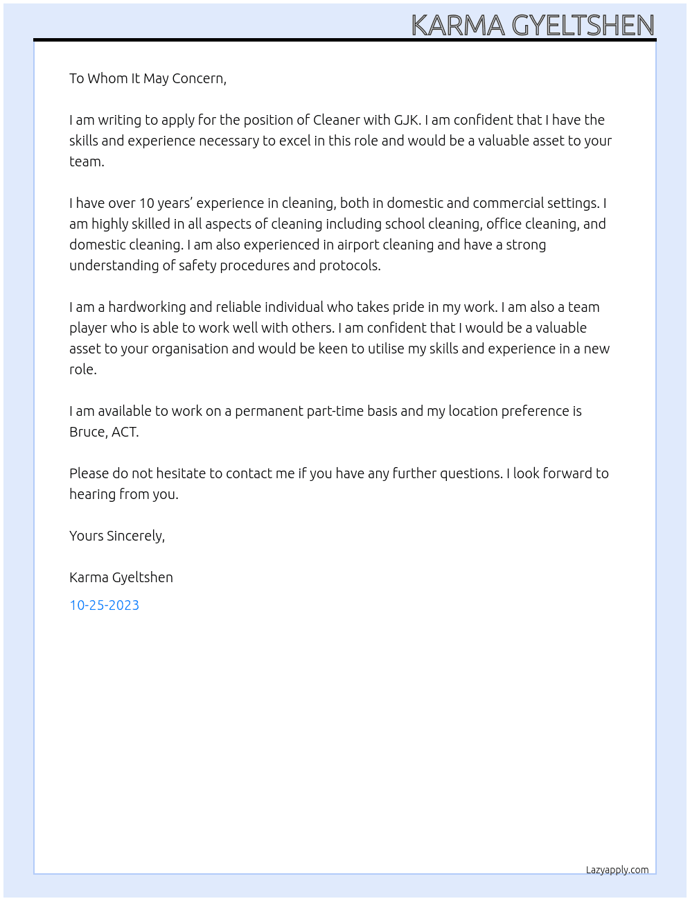 CLEANER At GJK  Cover Letter