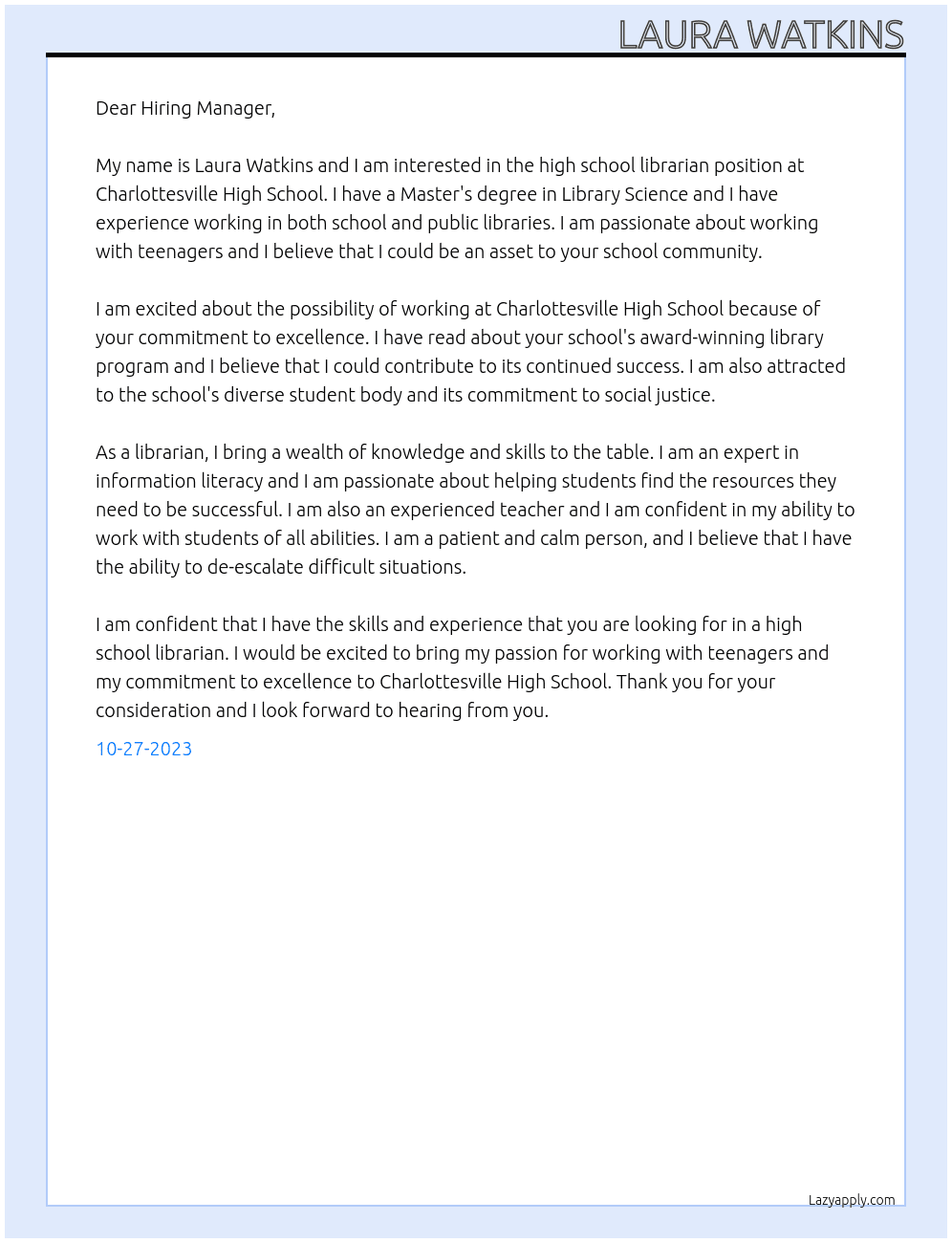 High school Librarian At Charlottesville High School Cover Letter