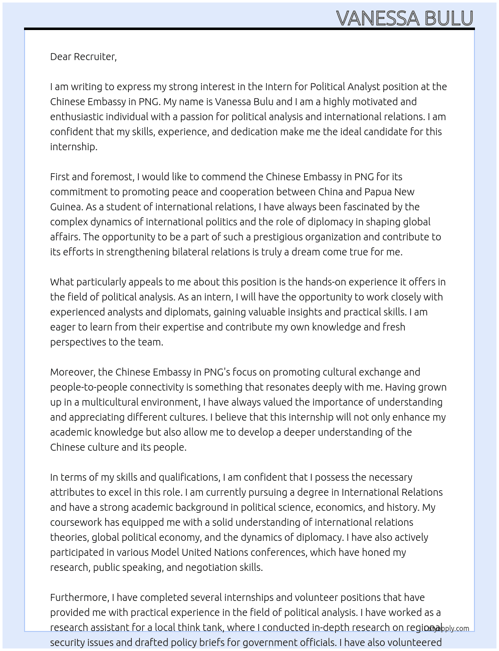 Intern for political analyst At Chinese Embassy in PNG Cover Letter
