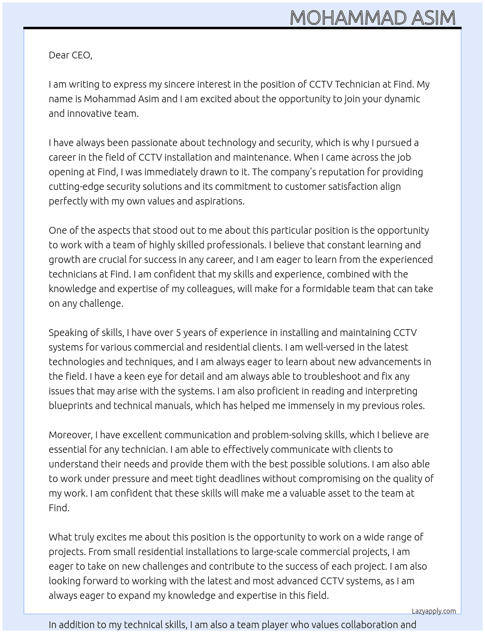 Cctv Technician  At Find  Cover Letter