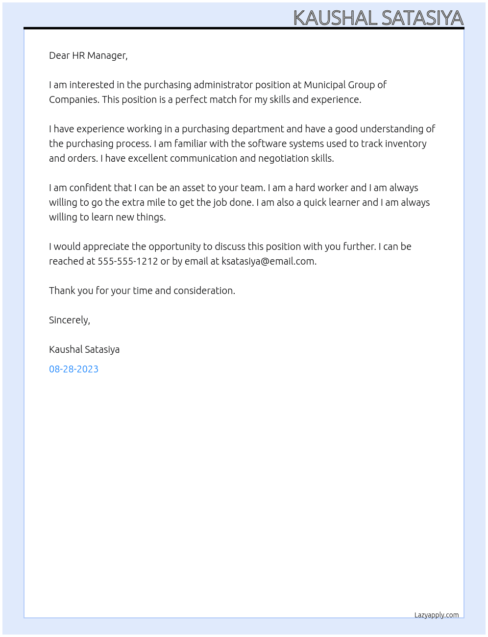 purchasing administrator At Municipal Group of Companies  Cover Letter