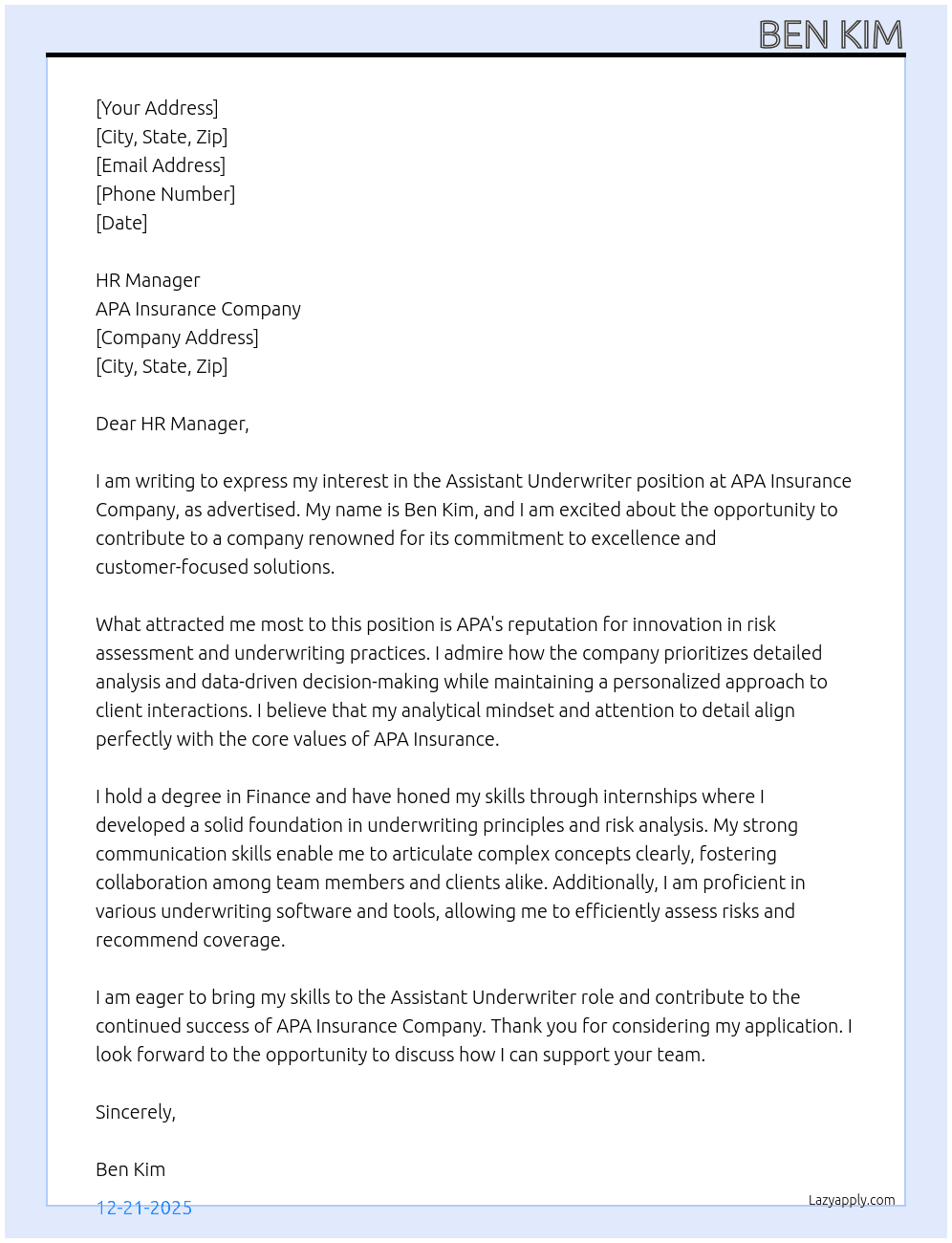 Cover letter for assistant underwriter - LazyApply