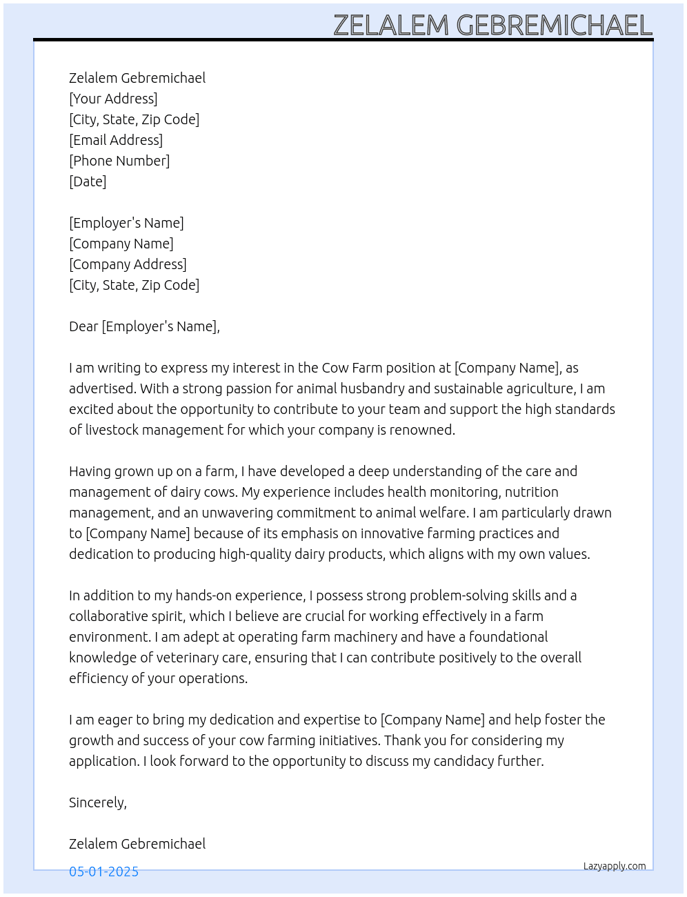 Cover letter for cow farm - LazyApply