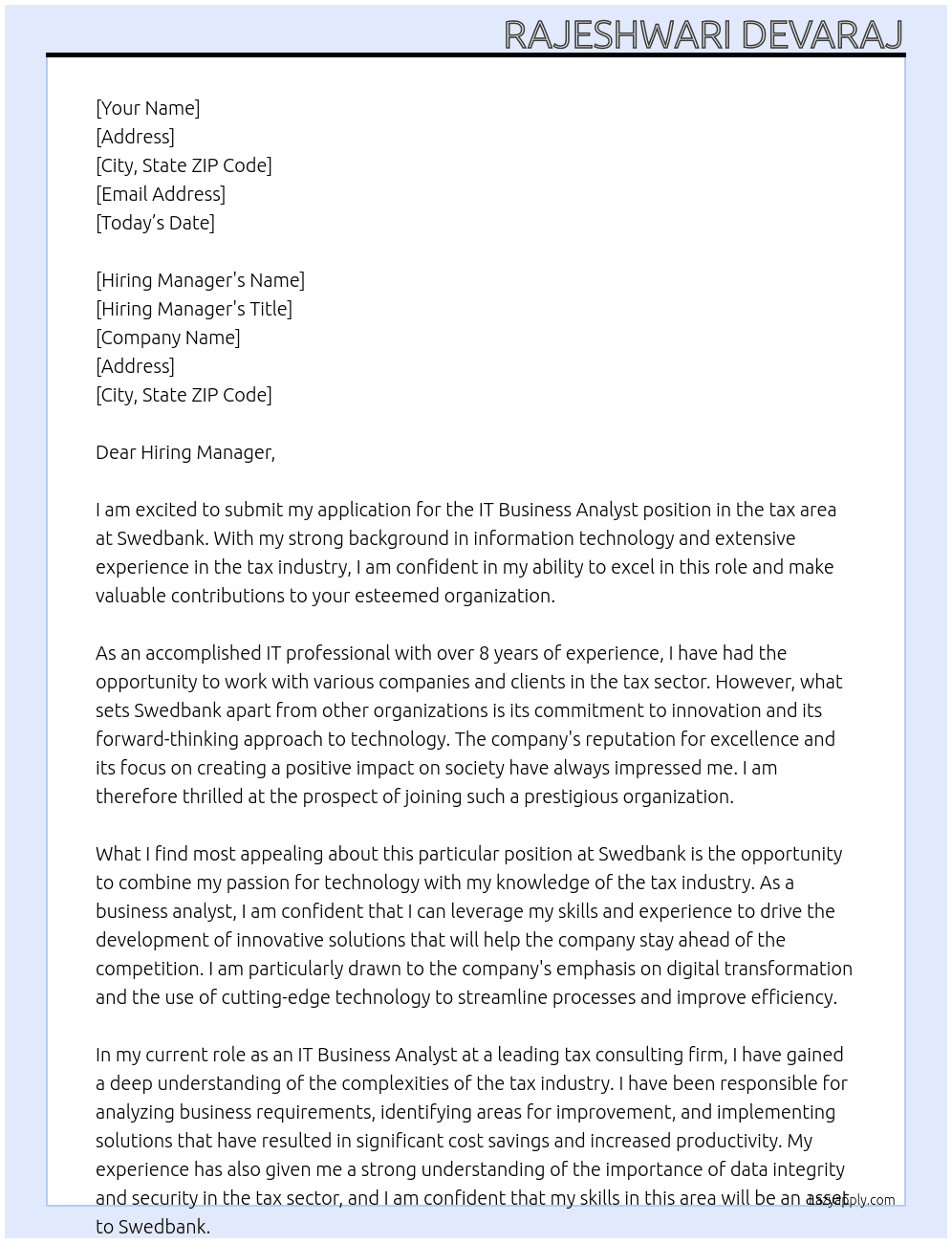 IT business analyst in tax area At Swedbank Cover Letter