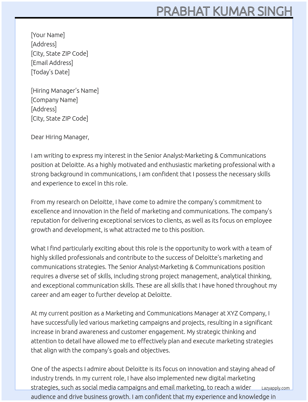 Senior Analyst-Marketing & Communications At Deloiitte Cover Letter