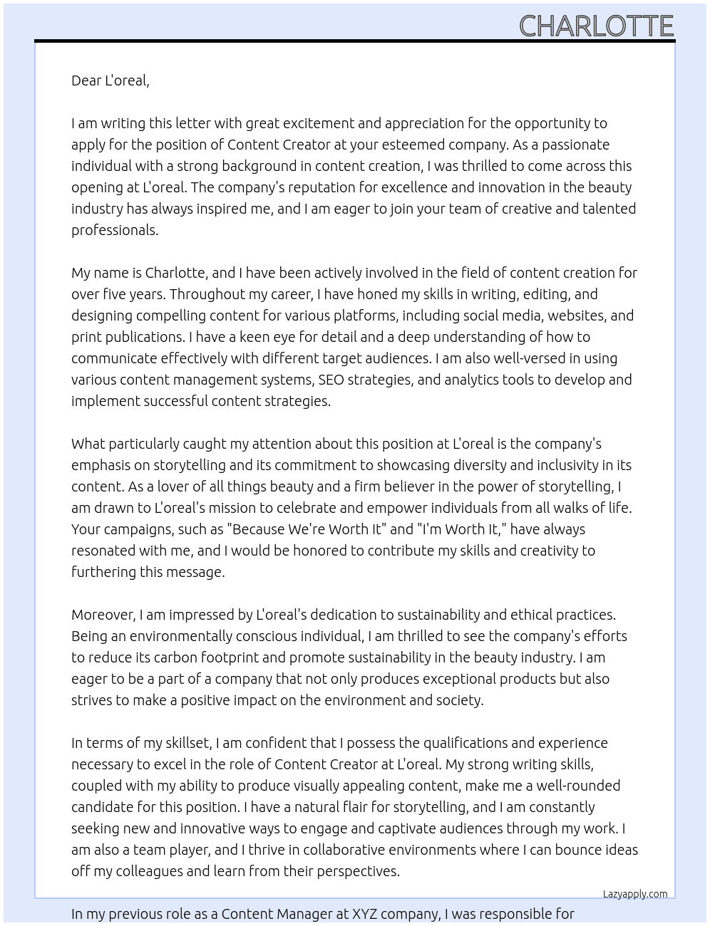 Content Creator At L'oreal Cover Letter