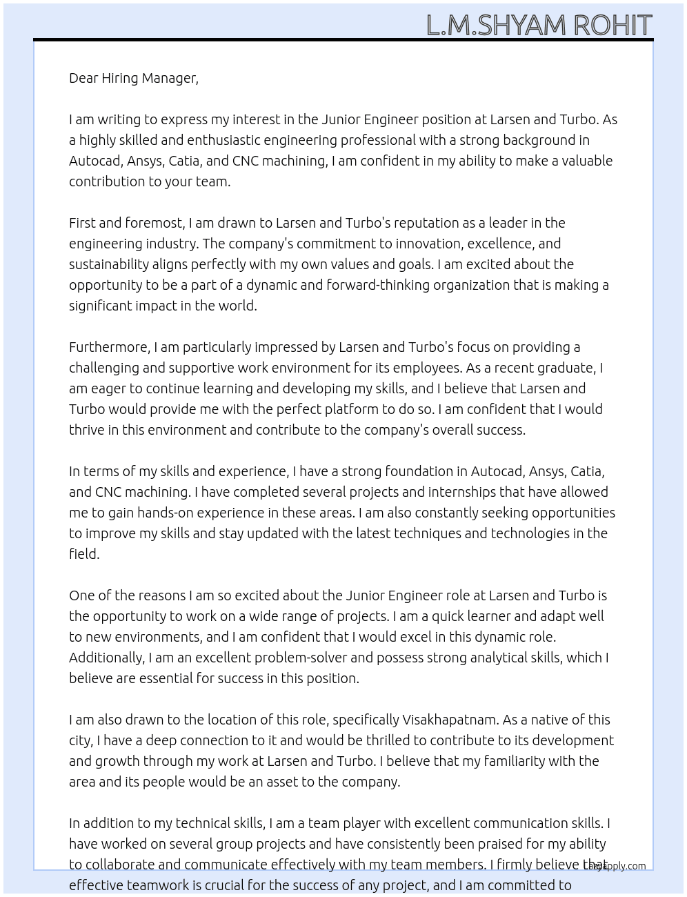 Junior Engineer At Larsen and Turbo Cover Letter