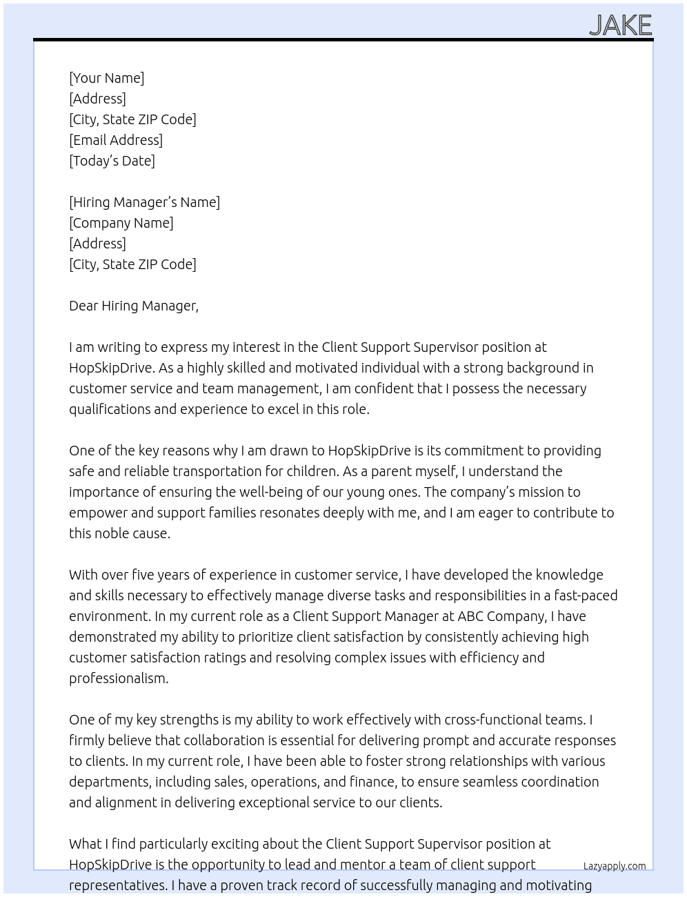 Client Support Supervisor At HopSkipDrive Cover Letter