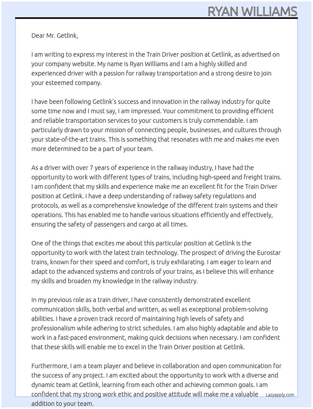 Train Driver At Getlink Cover Letter