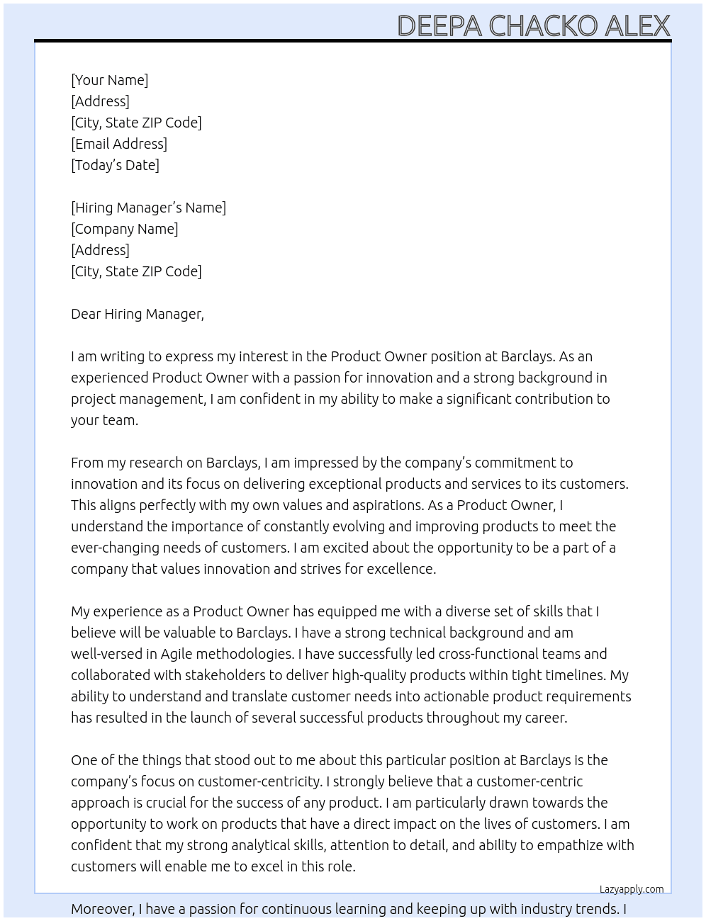 Product Owner At Barclays Cover Letter