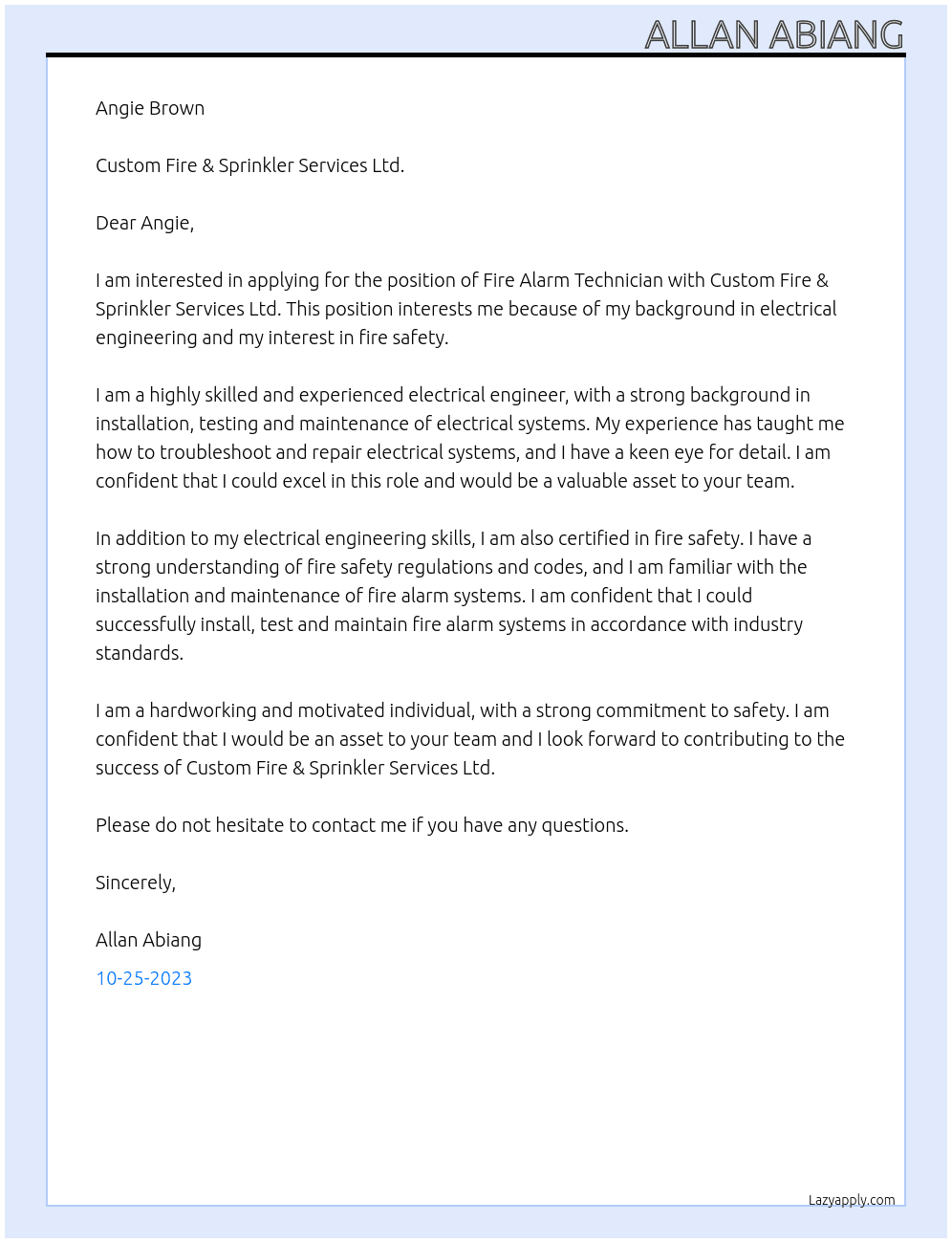 Fire Alarm Technician At Custom Fire & Sprinkler Services Ltd. Cover Letter