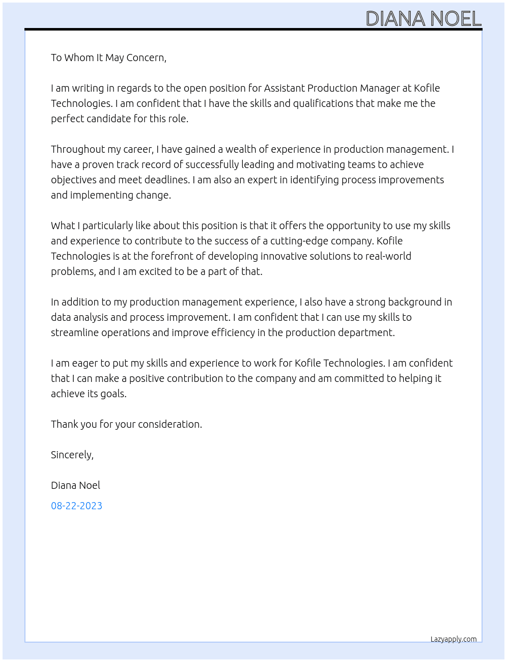 Assistant Production Manager At Kofile Technologies Cover Letter