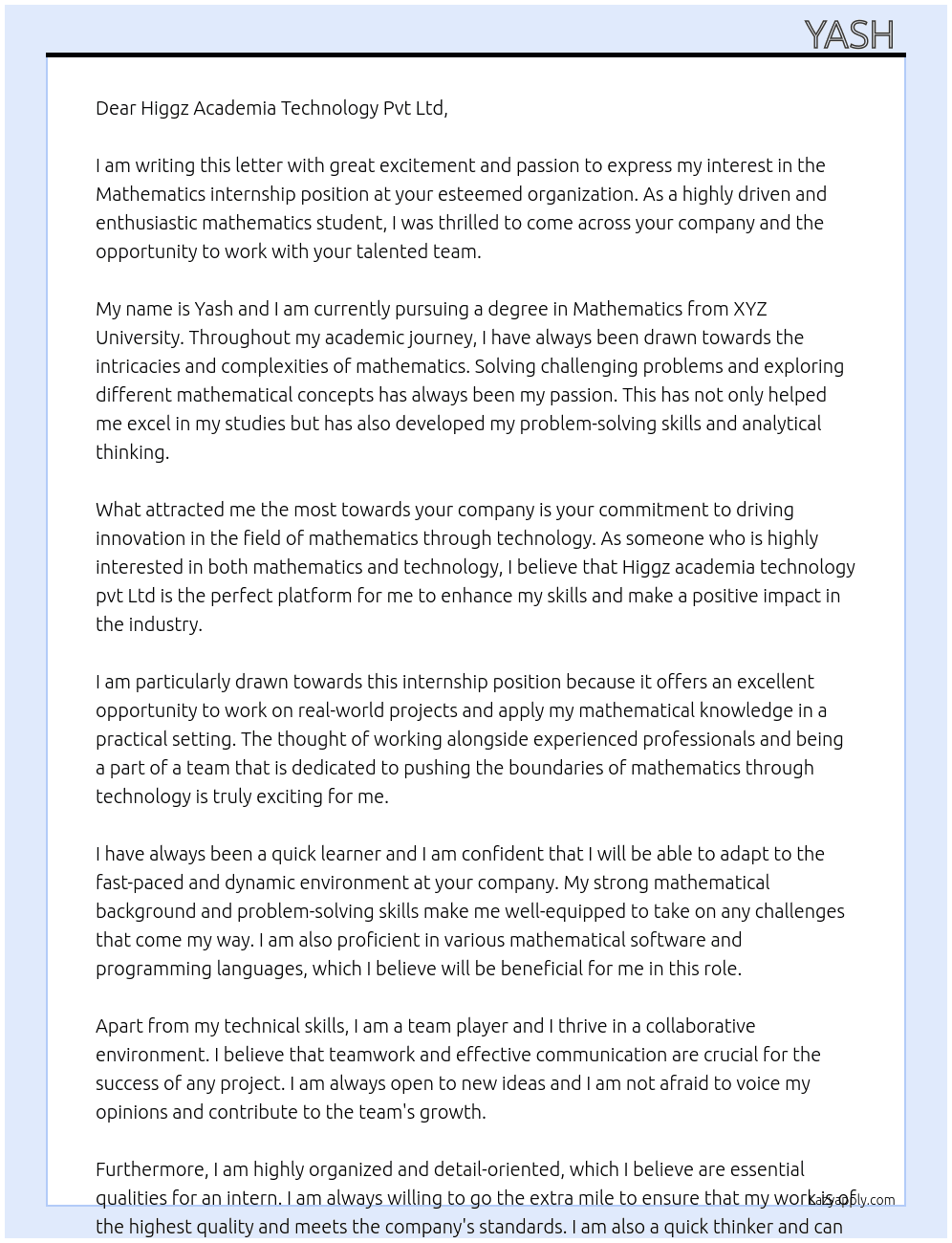 Mathematics internship  At Higgz academia technology pvt LTD  Cover Letter