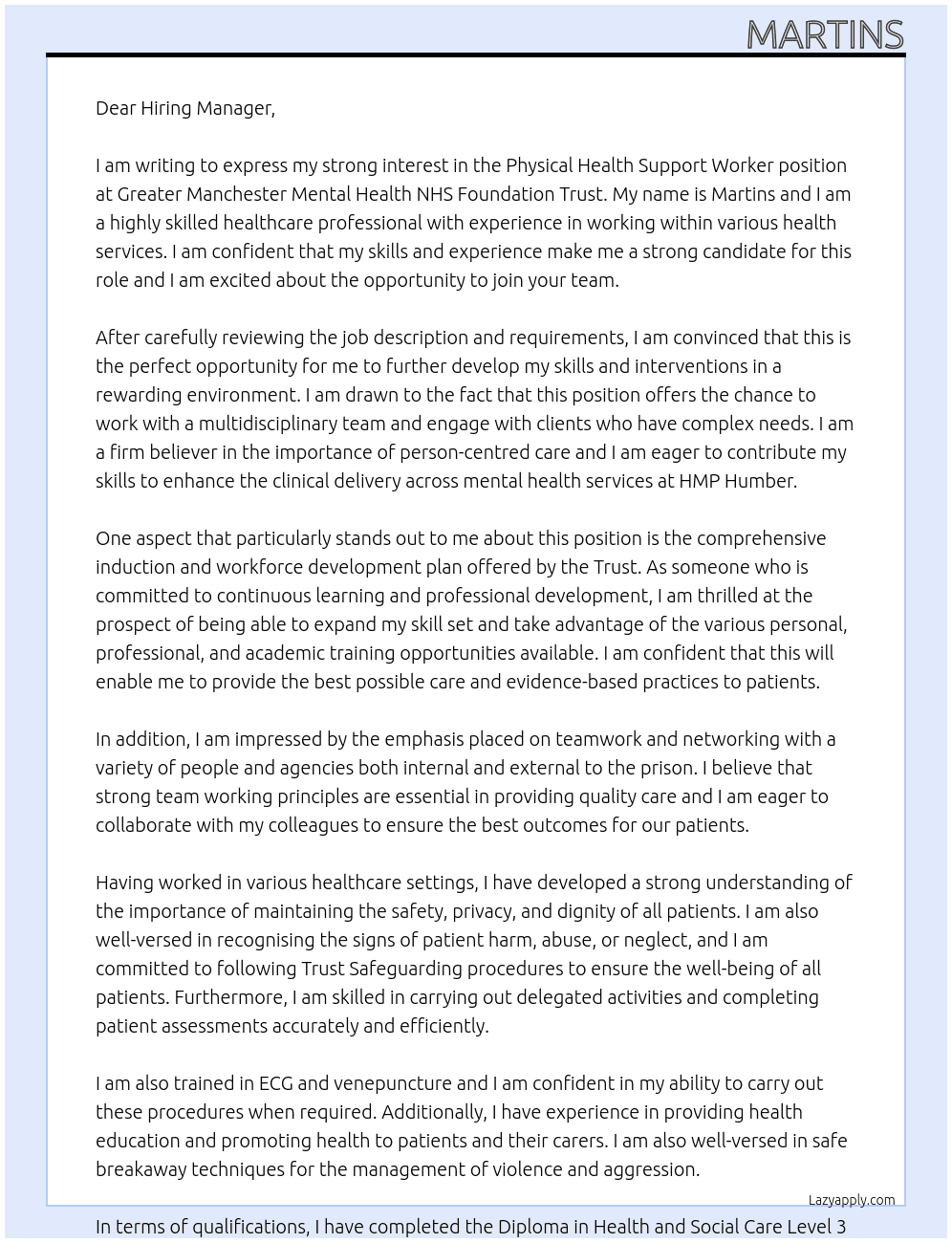 Physical Health Support Worker At Greater Manchester Mental Health NHS Foundation Trust Cover Letter