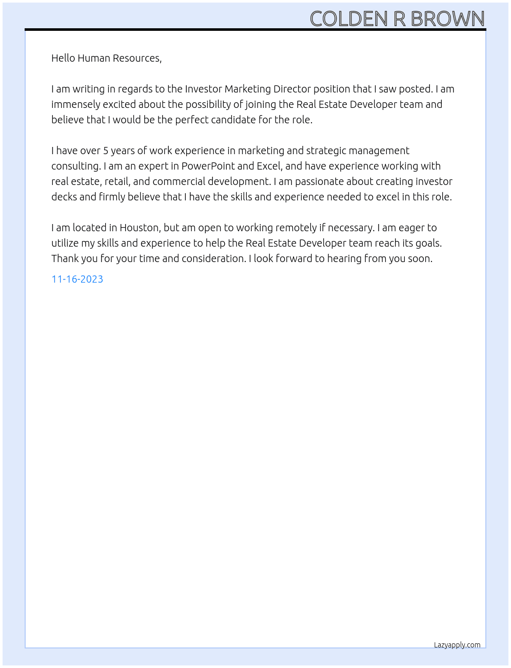Investor Marketing Director  At Real Estate Developer  Cover Letter