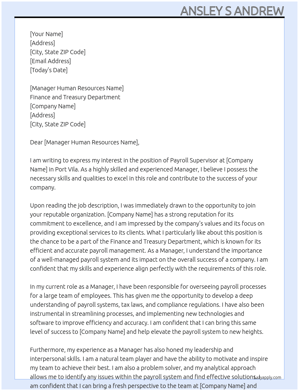 Payroll Supervisor At Finance and Treasury Department Cover Letter