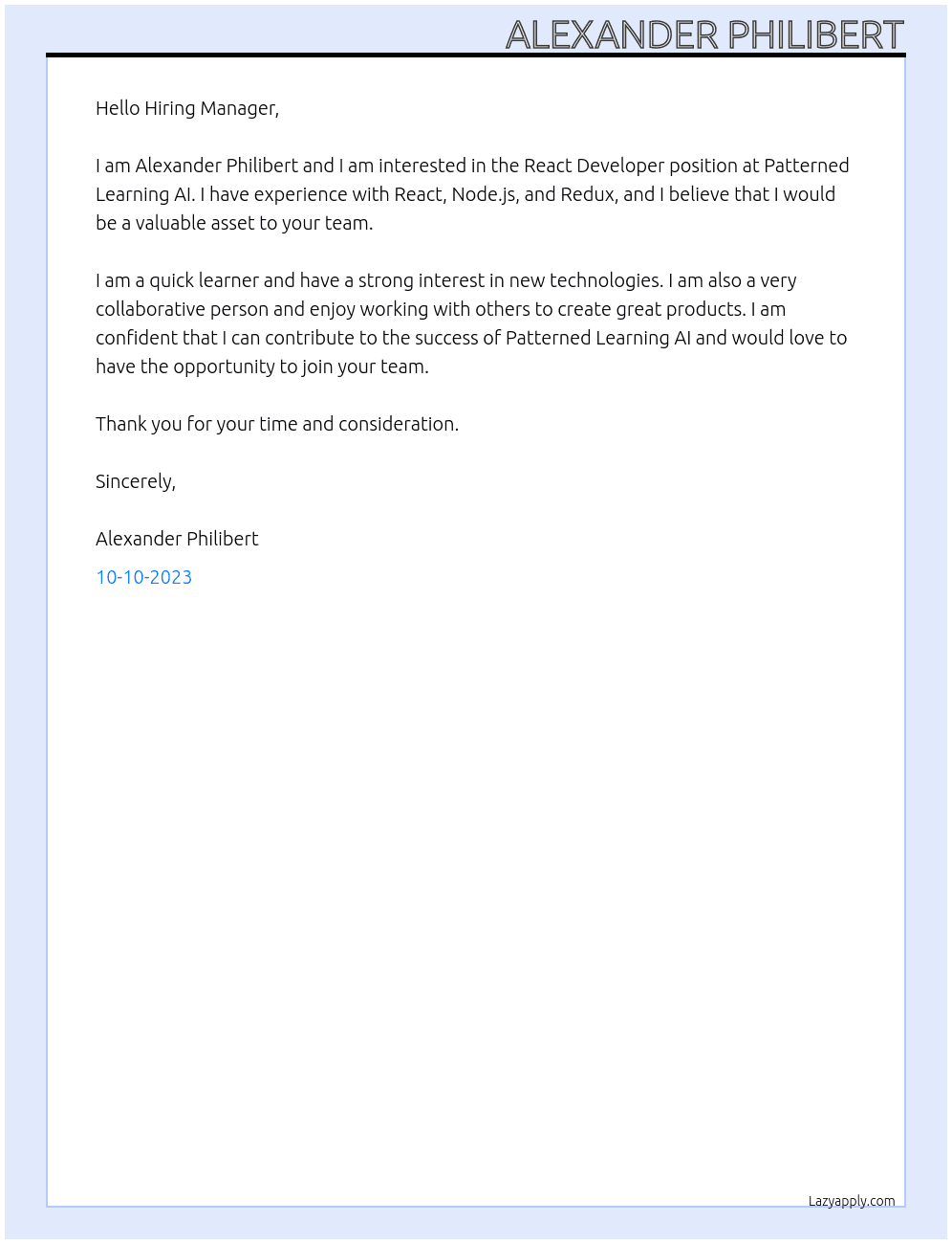 REACT dEVELOPER At Patterned Learning AI  Cover Letter