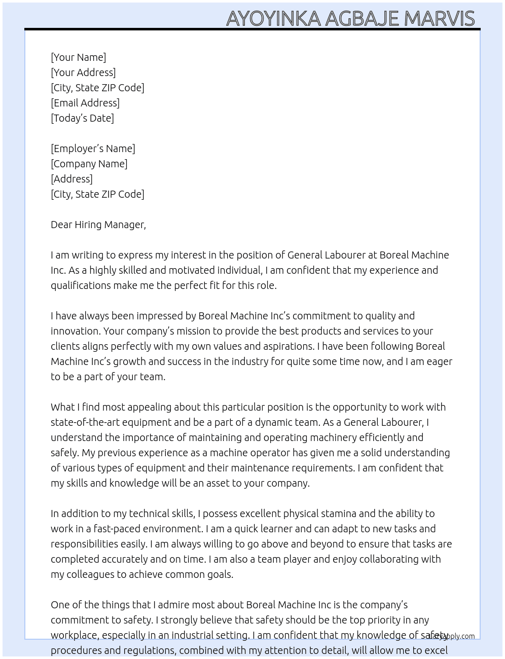 General labourer  At Boreal Machine Inc Cover Letter