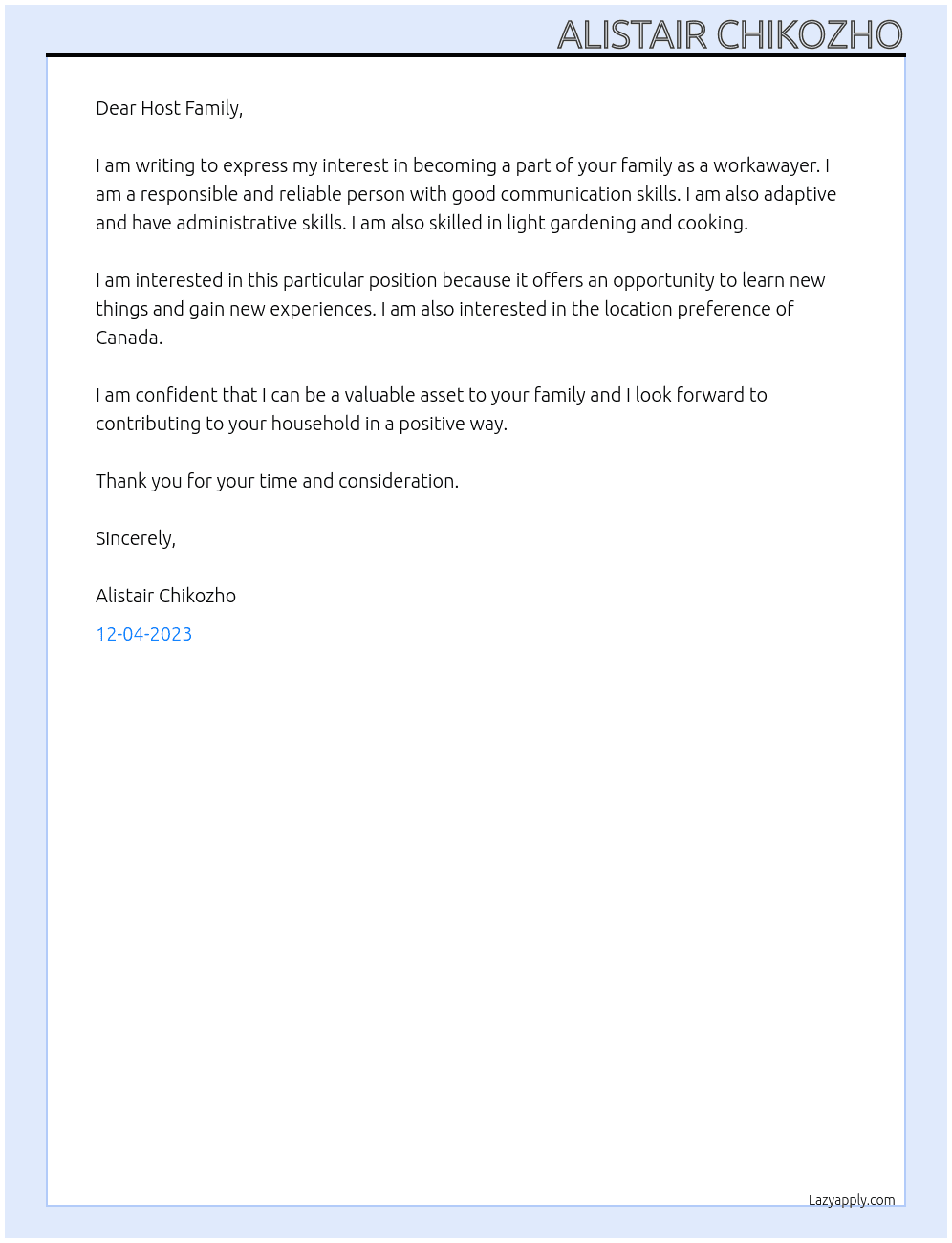 looking for a host family At Host Family Cover Letter