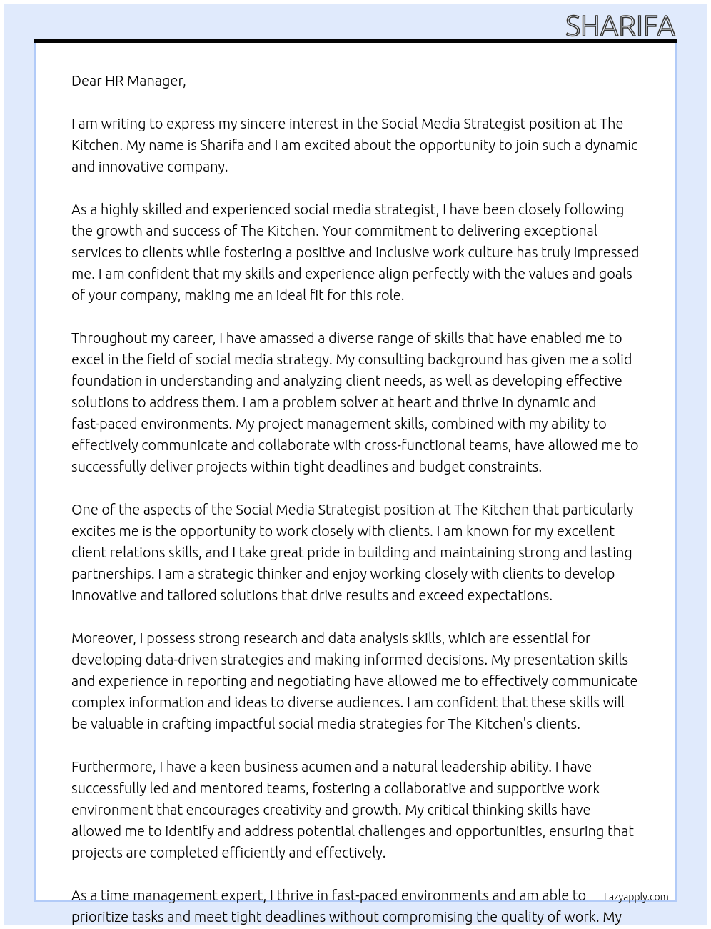Social media strategist  At The Kitchen  Cover Letter