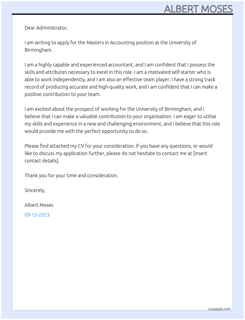Masters In Accounting At University of Birmingham Cover Letter
