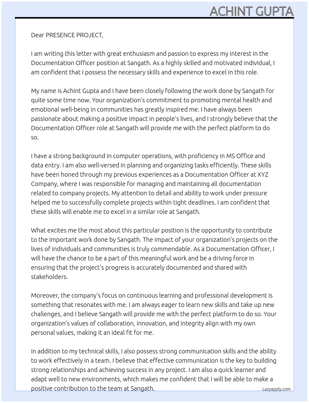 Documentation Officer At Sangath Cover Letter