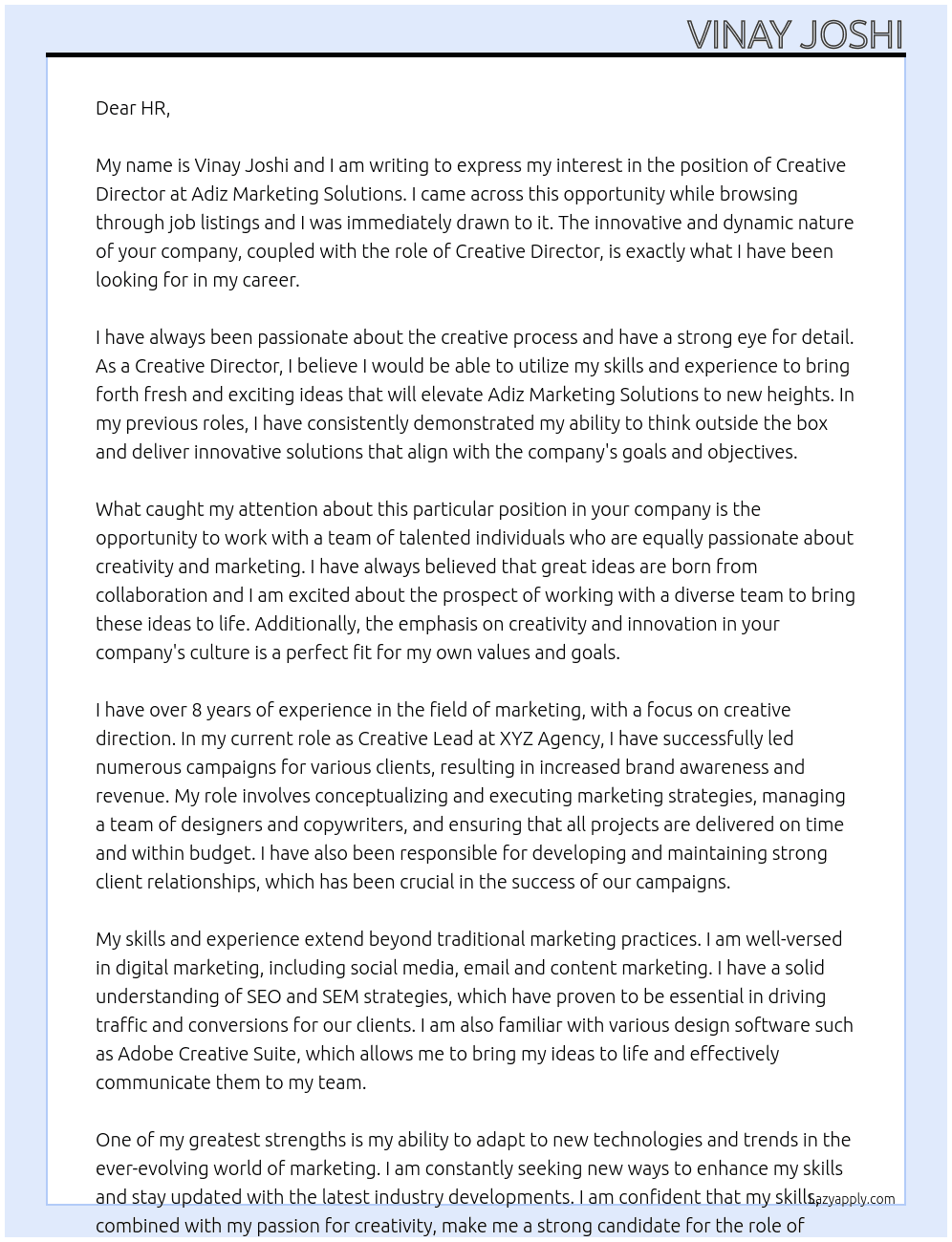 Creative Director At Adiz marketing solutions Cover Letter