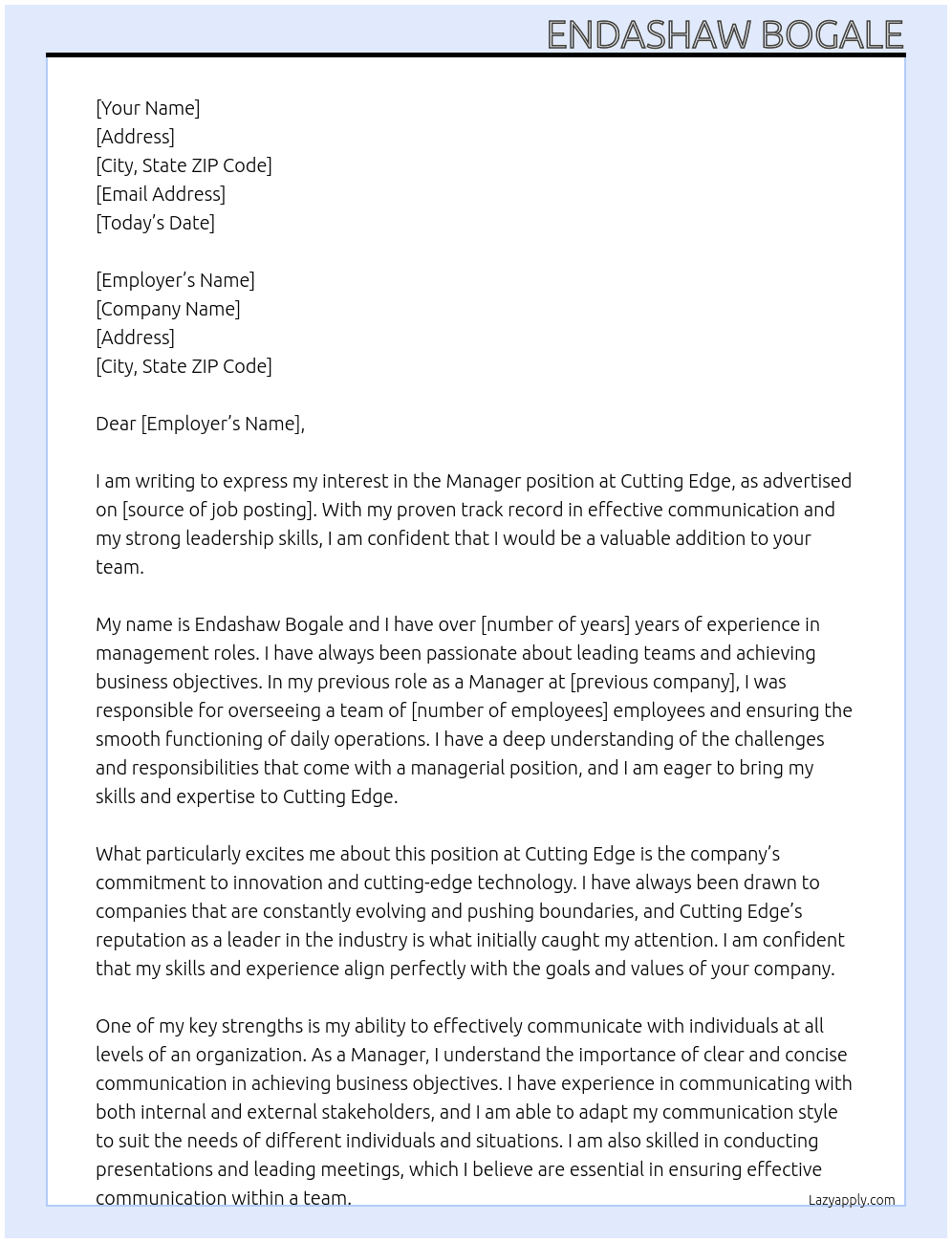 manager At cutting edge Cover Letter
