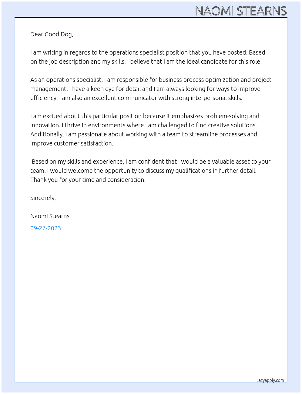 operations specialist At Good Dog Cover Letter