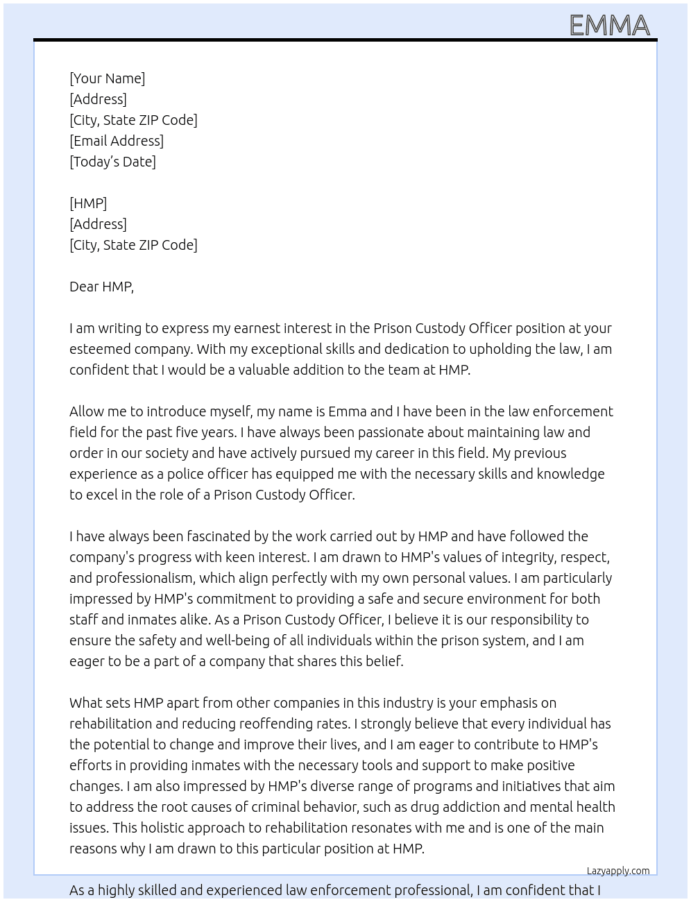 Prison custody officer At HMP Cover Letter