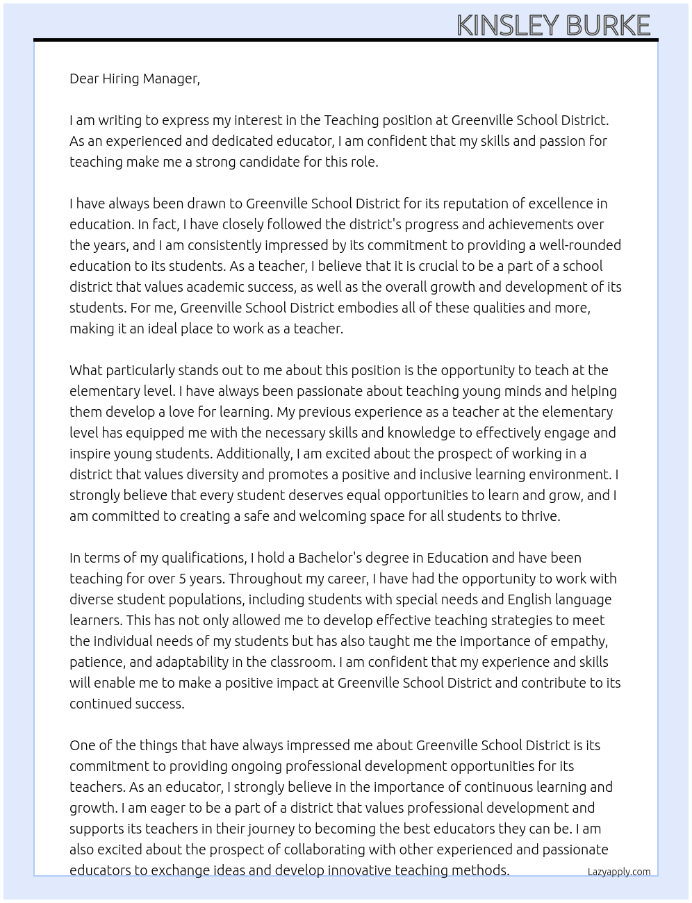 Teacher  At Greenville School District  Cover Letter