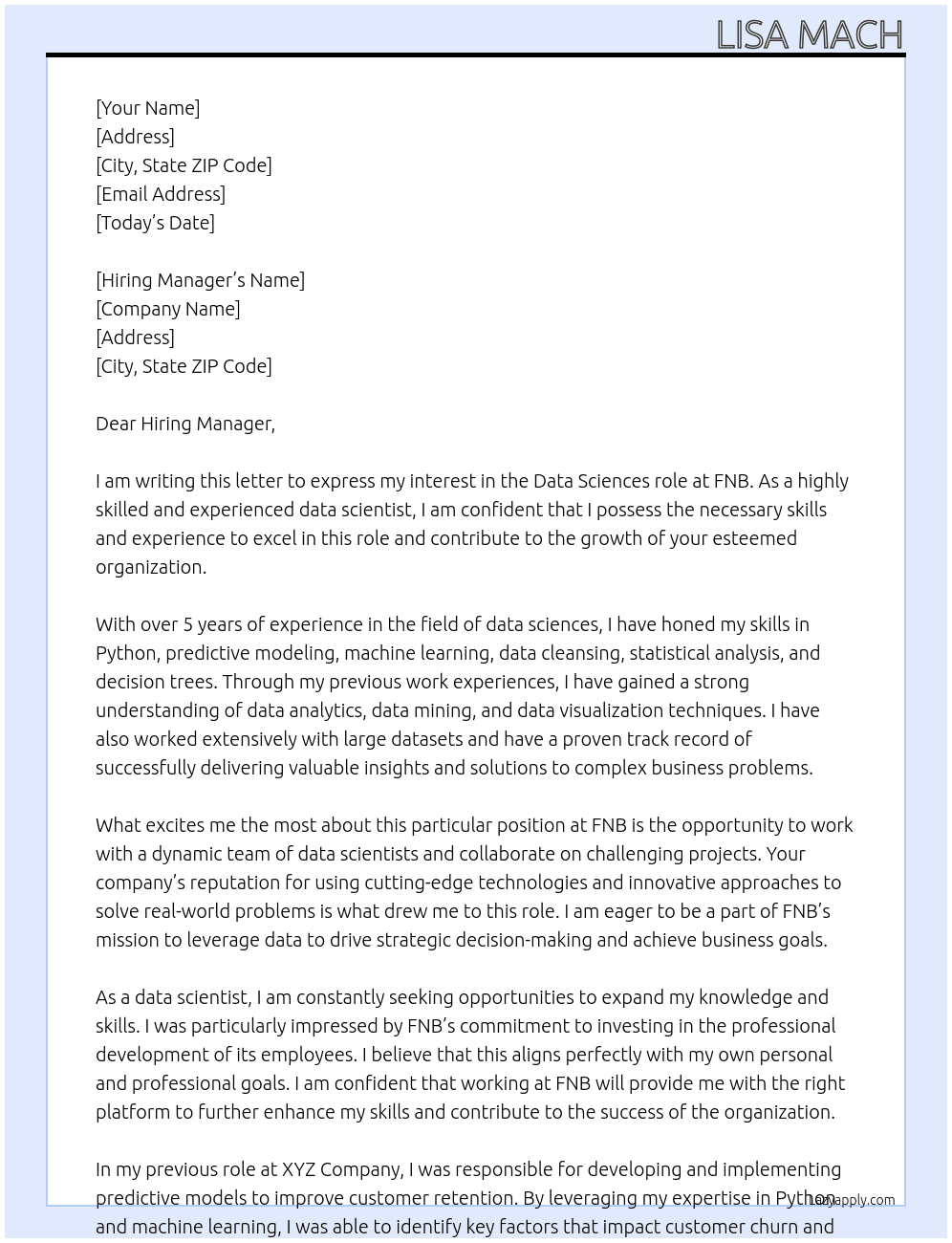 Data sciences role At FNB Cover Letter