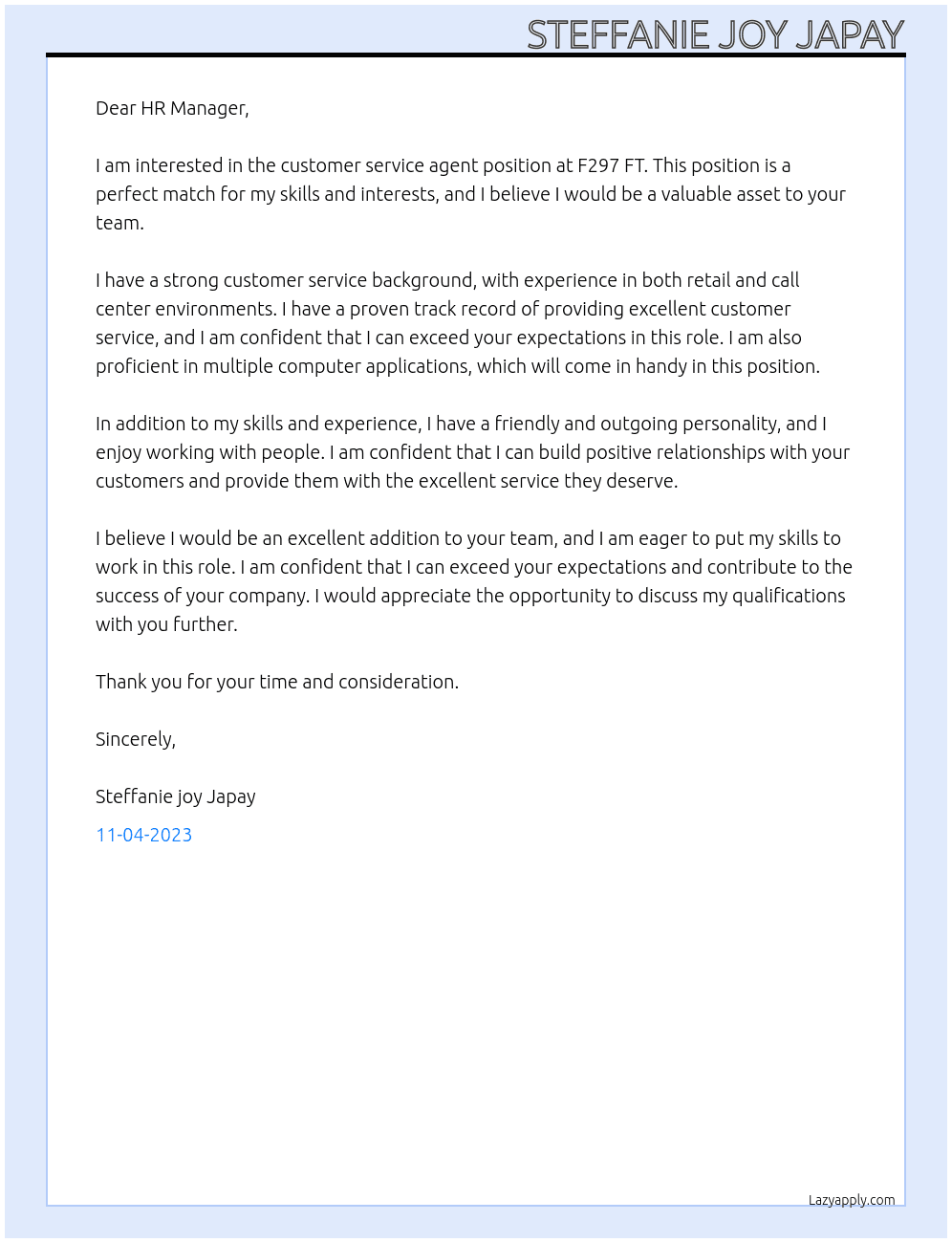 Customer service agent At F297 FT customer service agent Cover Letter
