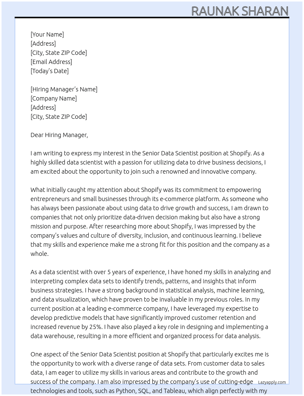 Senior Data Scientist At Shopify Cover Letter