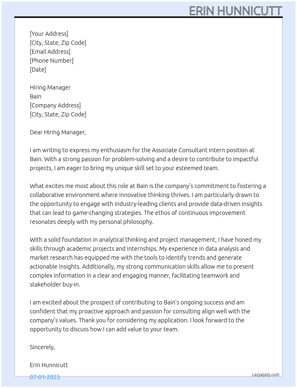 Assicate Consiltant Intern At Bain Cover Letter