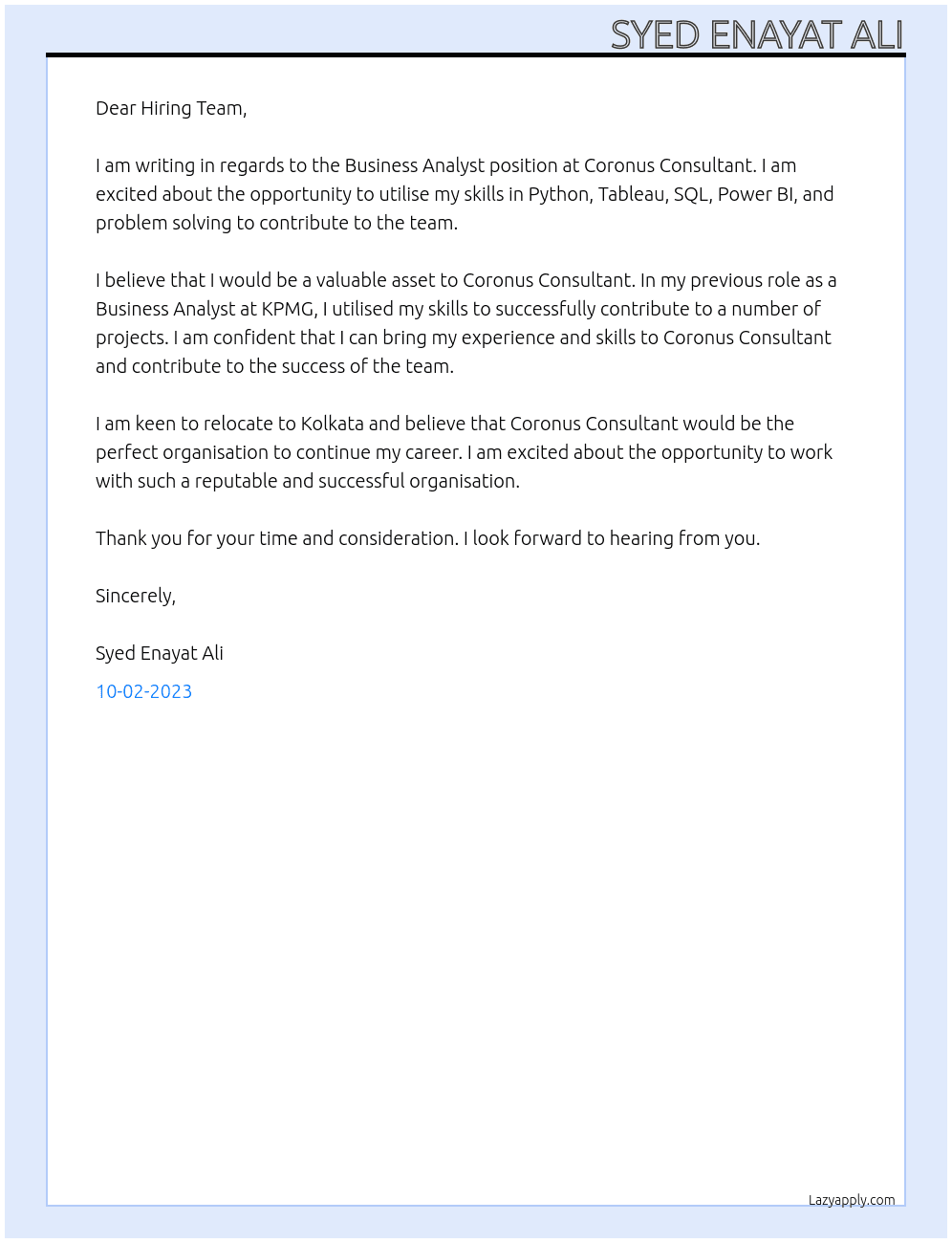 Business Analyst At Coronus Consultant  Cover Letter