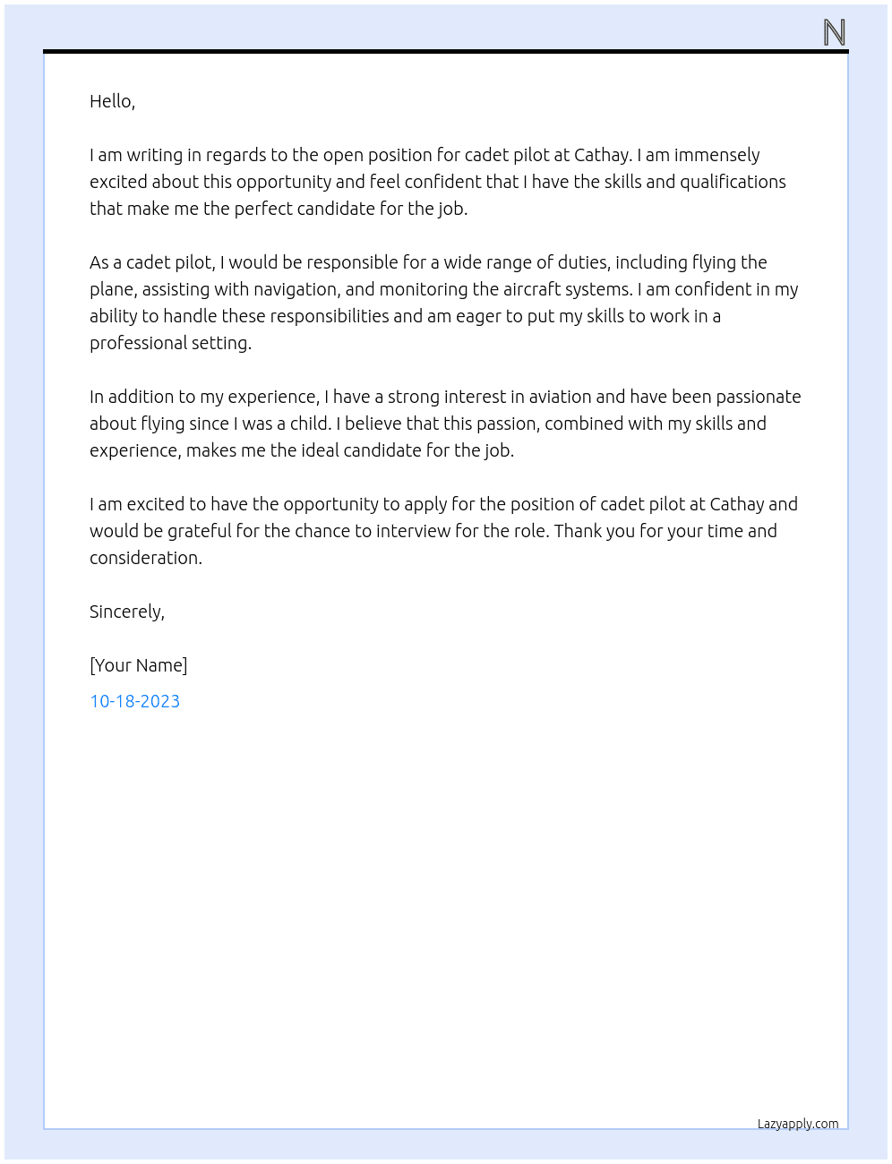 cadet pilot At cathay Cover Letter