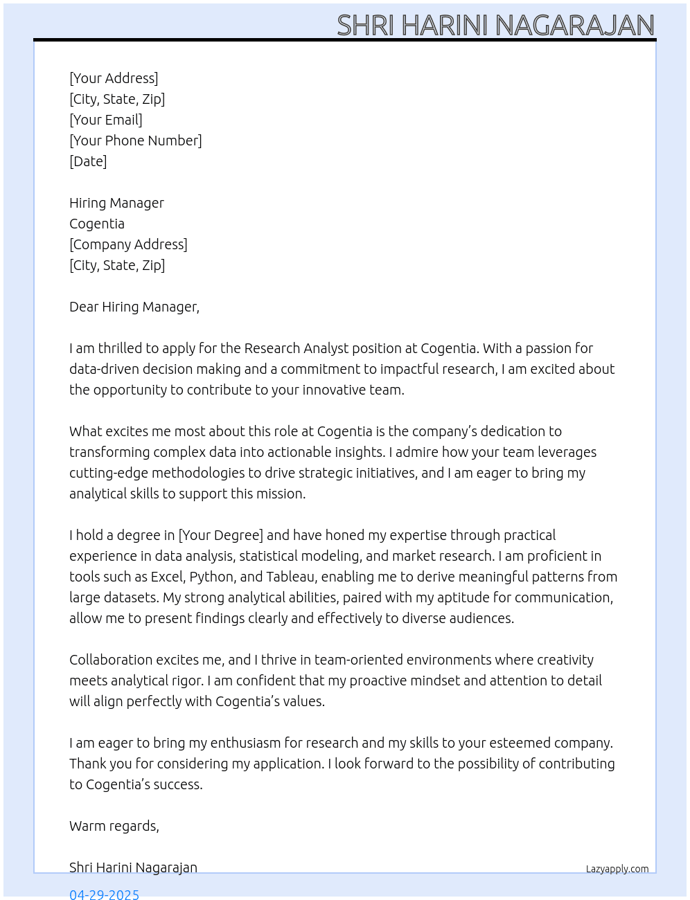 research analyst At cogentia Cover Letter