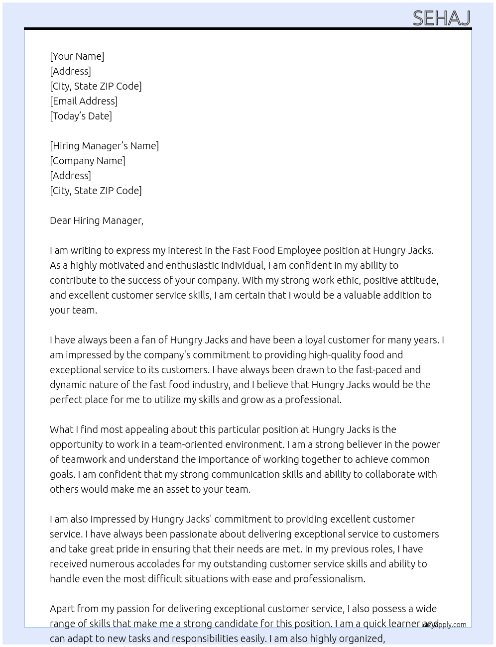 fast food employee At Hungry Jacks Cover Letter