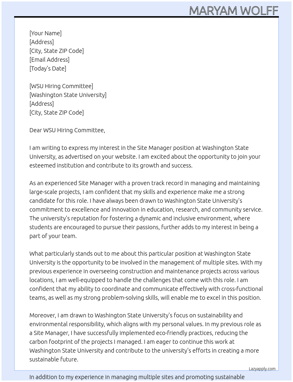 Site Manager At Washington State University Cover Letter