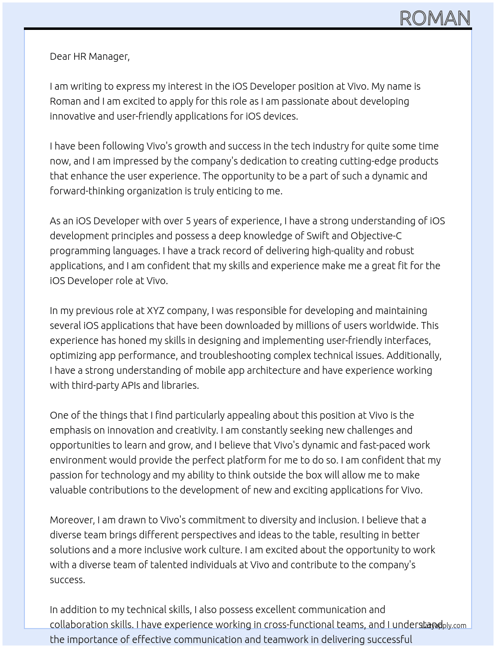 iOS Developer At Vivo Cover Letter