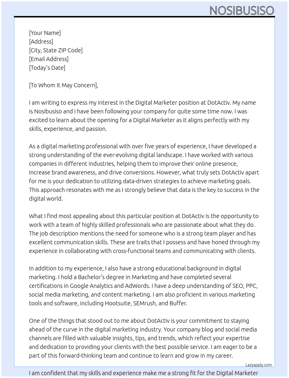 Digital marketer At DotActiv  Cover Letter