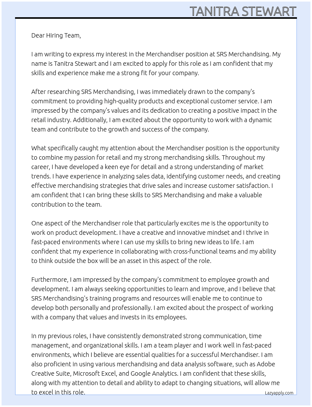 Merchandiser  At SRS Merchandising  Cover Letter