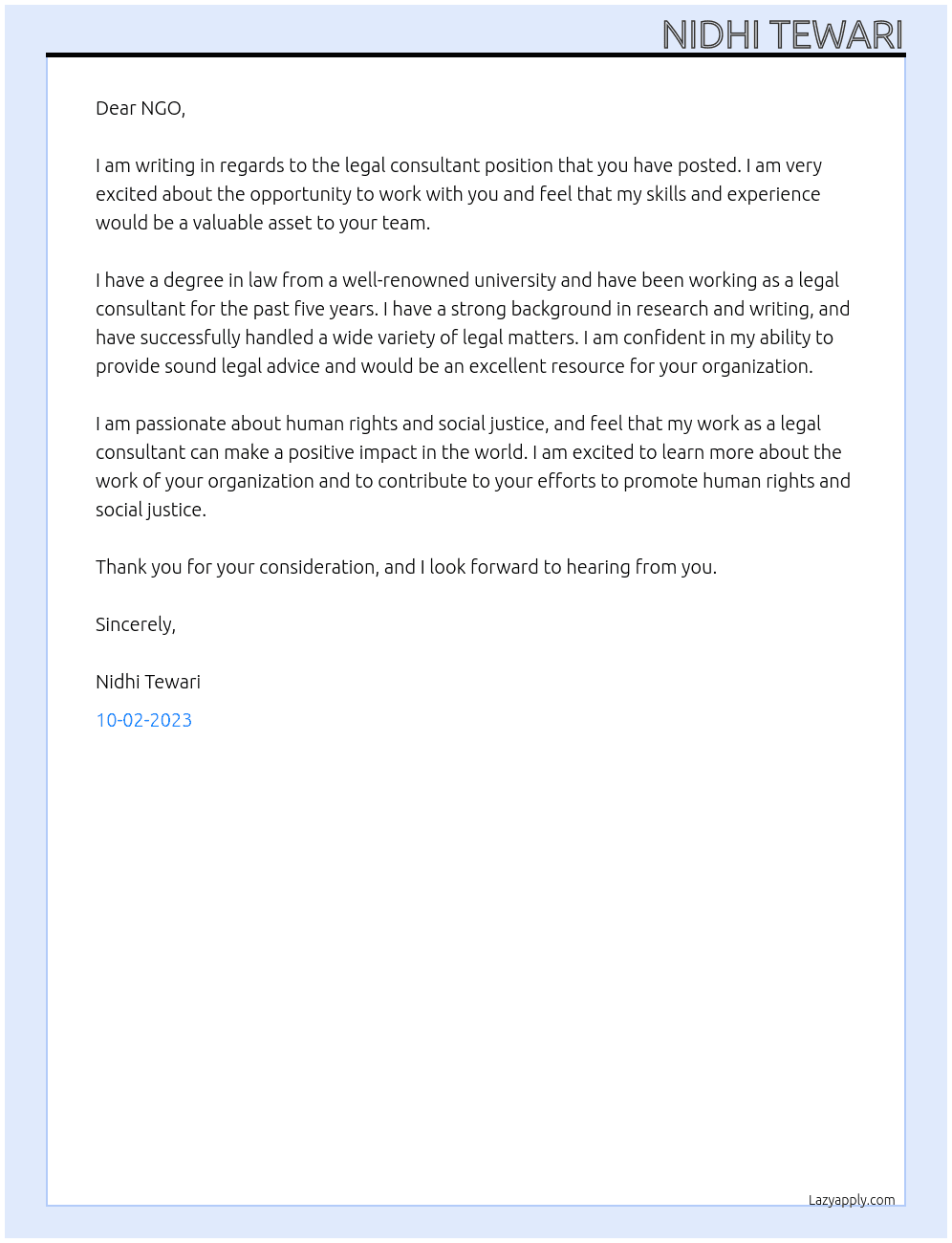 legal consultant  At NGO Cover Letter