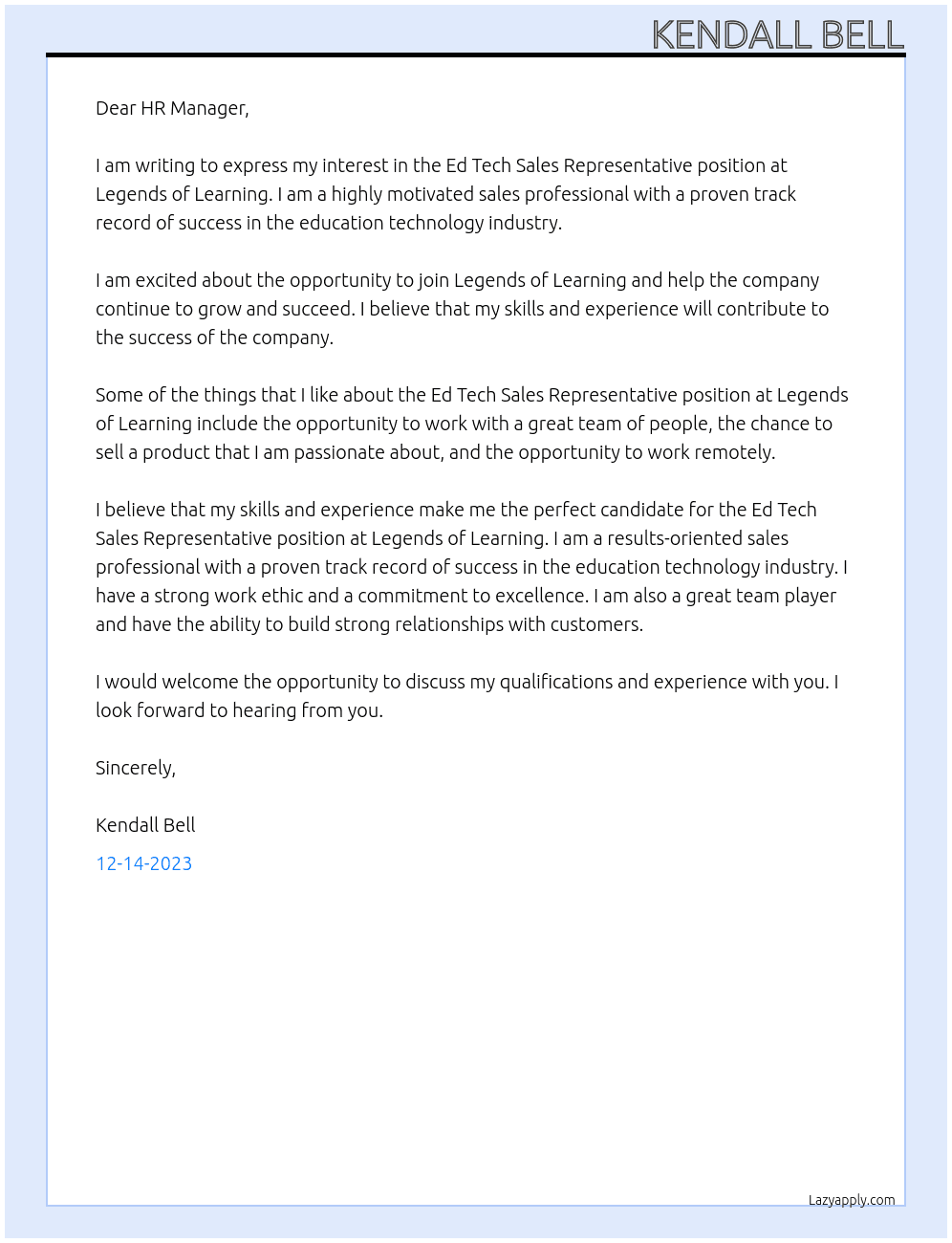 Ed Tech Sales Representative  At Legends of Learning Cover Letter