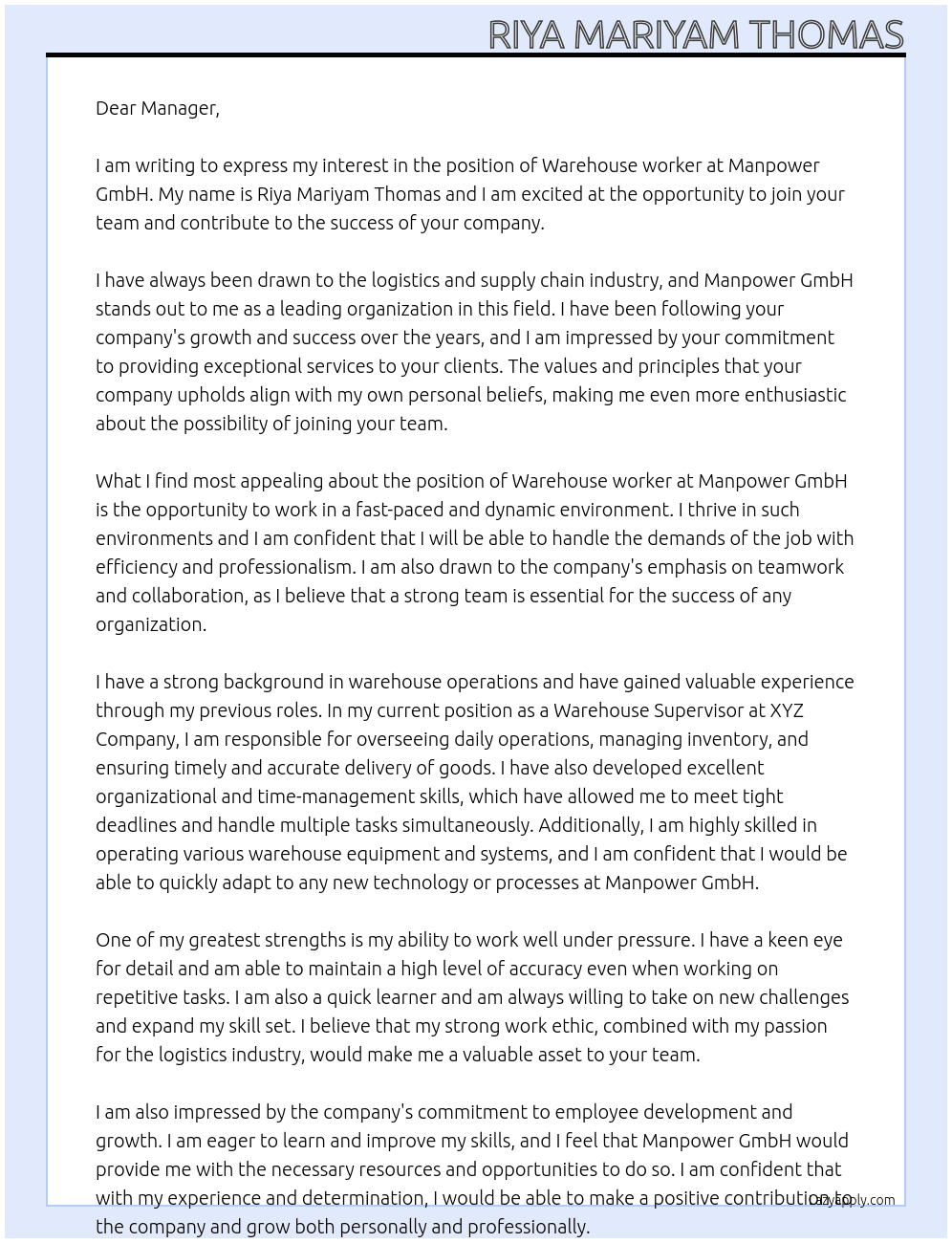 Warehouse worker At Manpower GmbH Cover Letter